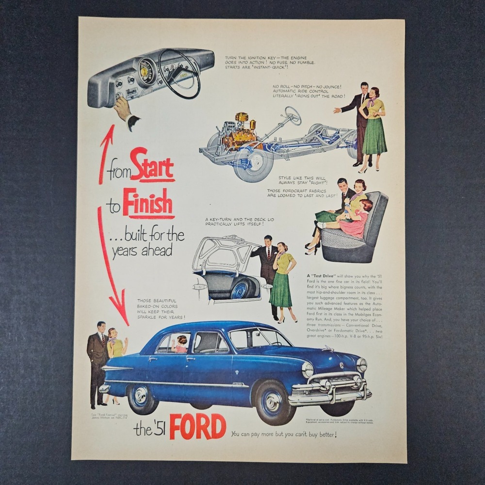 1951 Ford Motors Car Vehicle Vintage Print Ad Fordcraft Fabric Garage Mancave